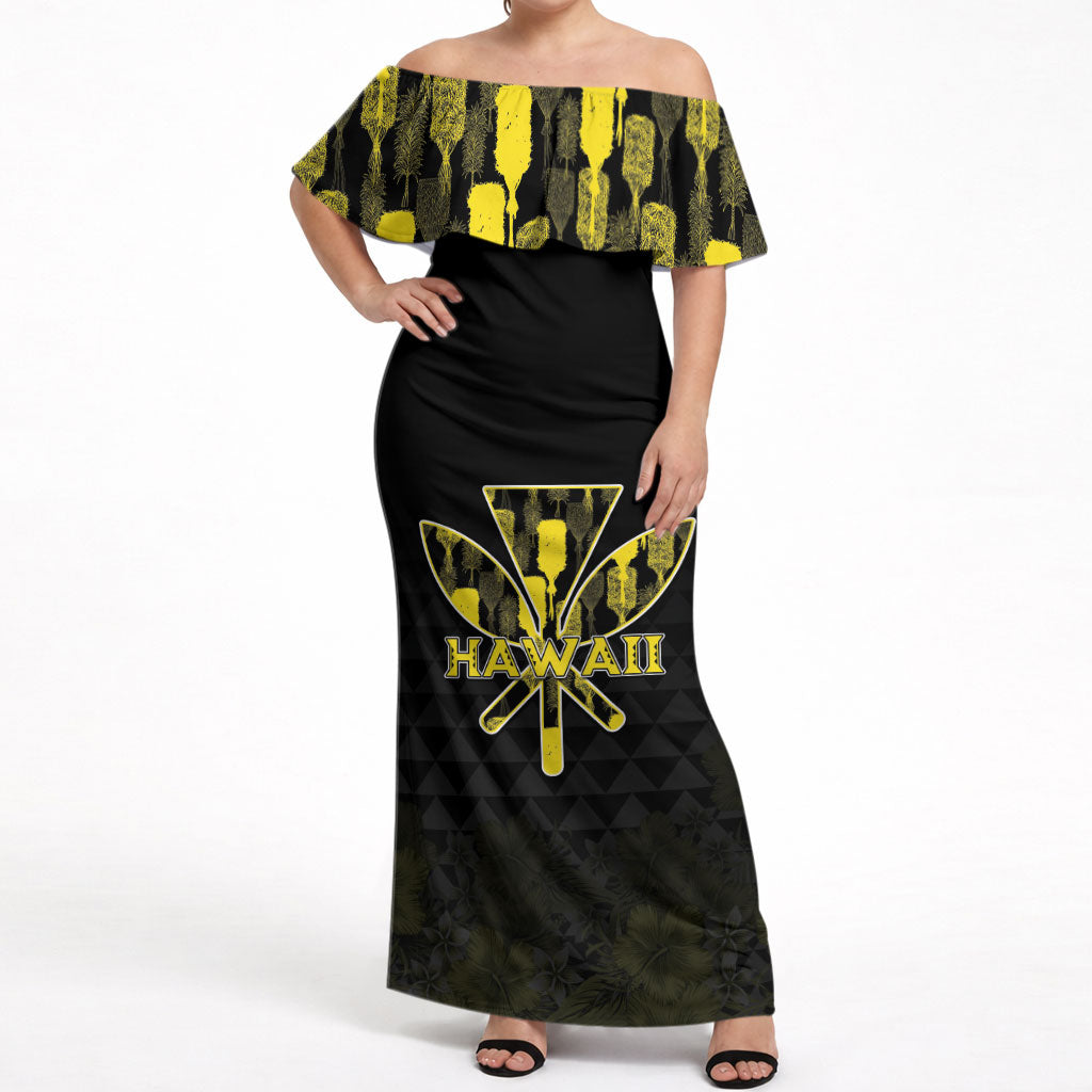 Personalised Aloha Hawaii Kahili Off Shoulder Maxi Dress Kanaka Maoli With Kakau Pattern
