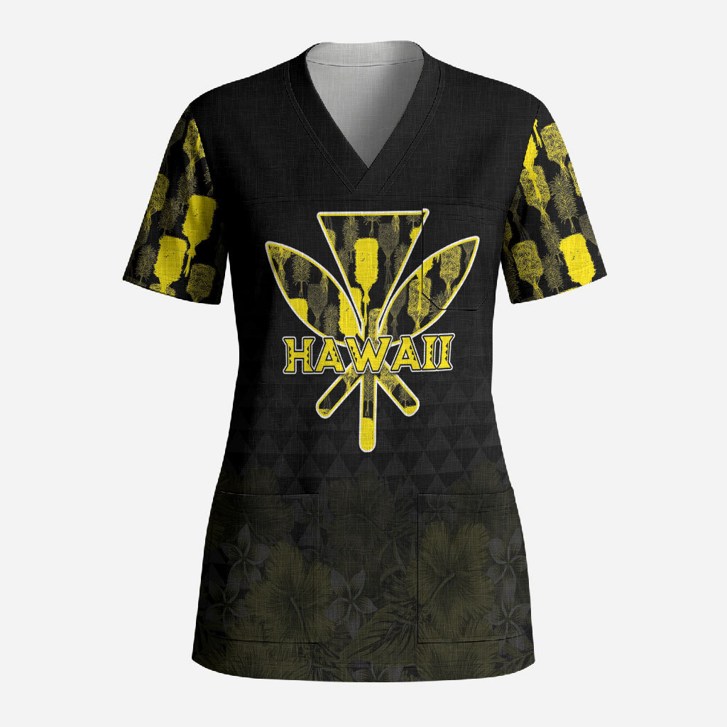Personalised Aloha Hawaii Kahili Scrub Top Kanaka Maoli With Kakau Pattern