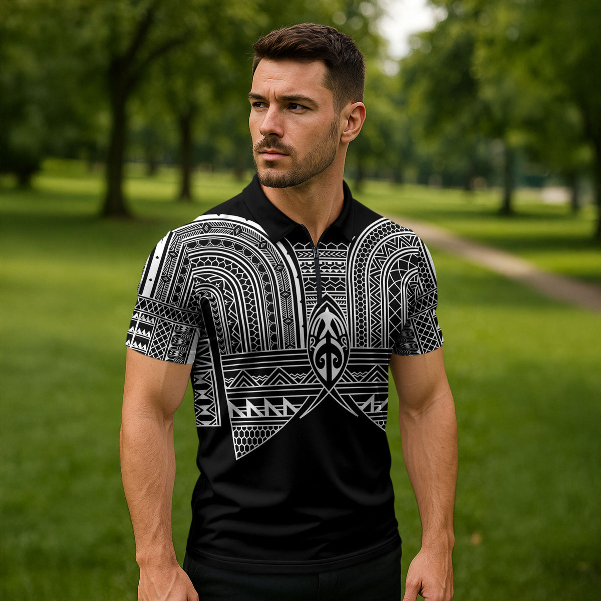 Philippines Igorot Tribal Inspired Zipper Polo Shirt Black Version