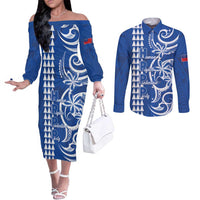 Samoa HRPP Party Couples Matching Off The Shoulder Long Sleeve Dress and Long Sleeve Button Shirt Polynesian Pattern - Polynesian Pride