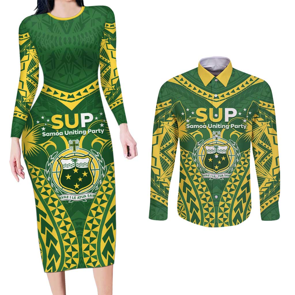 Samoa SUP Couples Matching Long Sleeve Bodycon Dress and Long Sleeve Button Shirt Samoan Coat Of Arms - Polynesian Pride