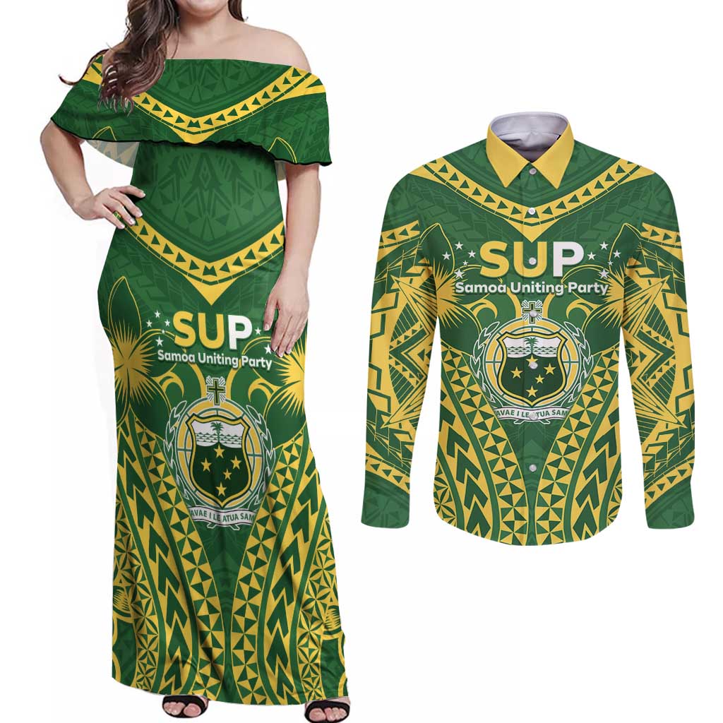 Samoa SUP Couples Matching Off Shoulder Maxi Dress and Long Sleeve Button Shirt Samoan Coat Of Arms - Polynesian Pride