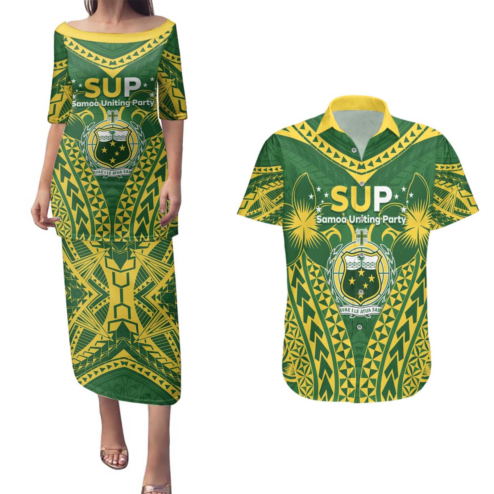 Samoa SUP Couples Matching Puletasi and Hawaiian Shirt Samoan Coat Of Arms - Polynesian Pride