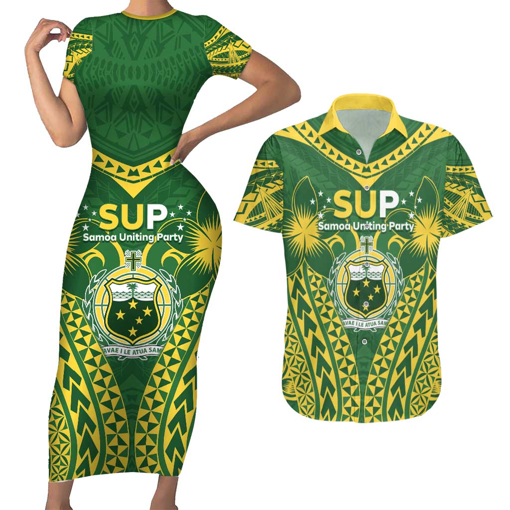 Samoa SUP Couples Matching Short Sleeve Bodycon Dress and Hawaiian Shirt Samoan Coat Of Arms - Polynesian Pride
