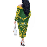 Samoa SUP Off The Shoulder Long Sleeve Dress Samoan Coat Of Arms - Polynesian Pride