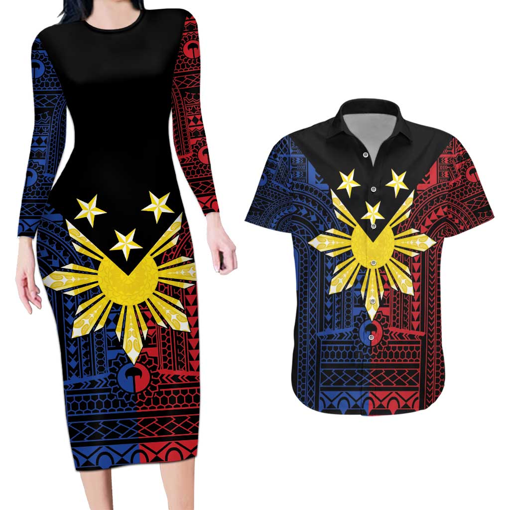 Philippines Sun Star Couples Matching Long Sleeve Bodycon Dress and Hawaiian Shirt Igorot Tribal Inspiration - Polynesian Pride