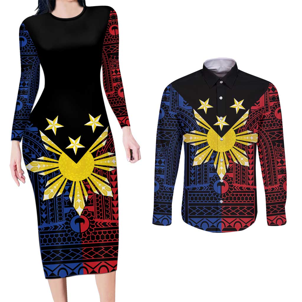 Philippines Sun Star Couples Matching Long Sleeve Bodycon Dress and Long Sleeve Button Shirt Igorot Tribal Inspiration - Polynesian Pride