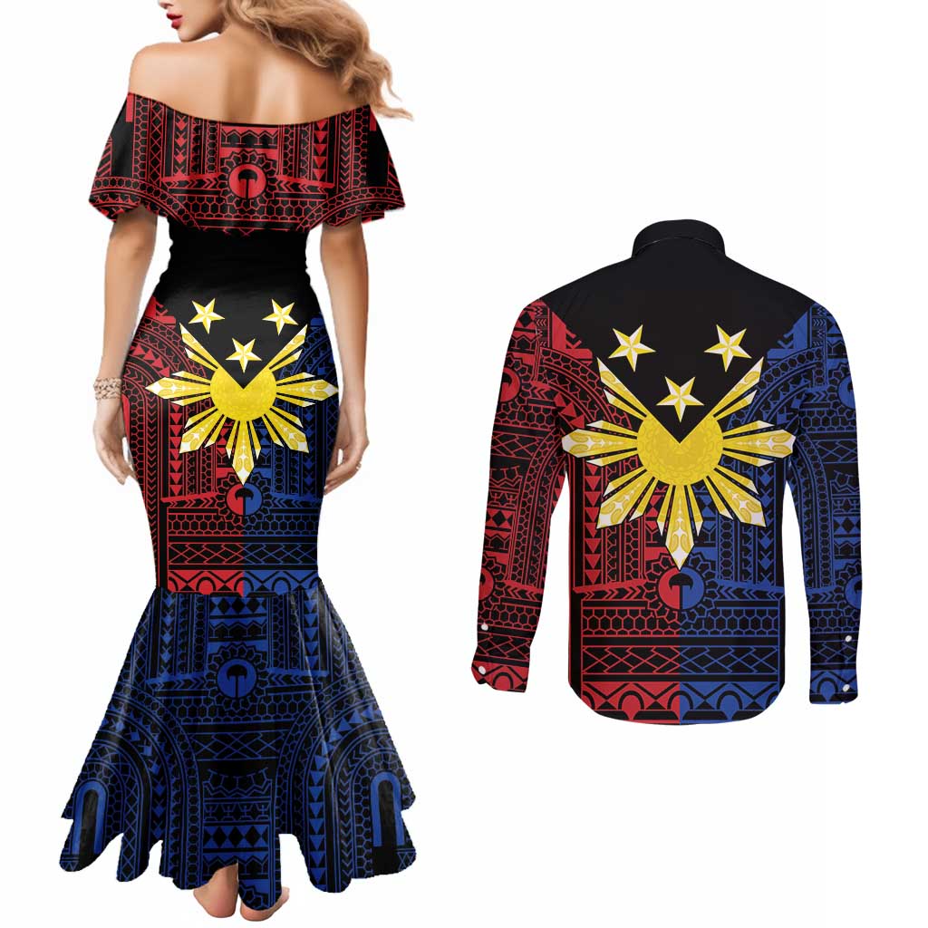 Philippines Sun Star Couples Matching Mermaid Dress and Long Sleeve Button Shirt Igorot Tribal Inspiration - Polynesian Pride