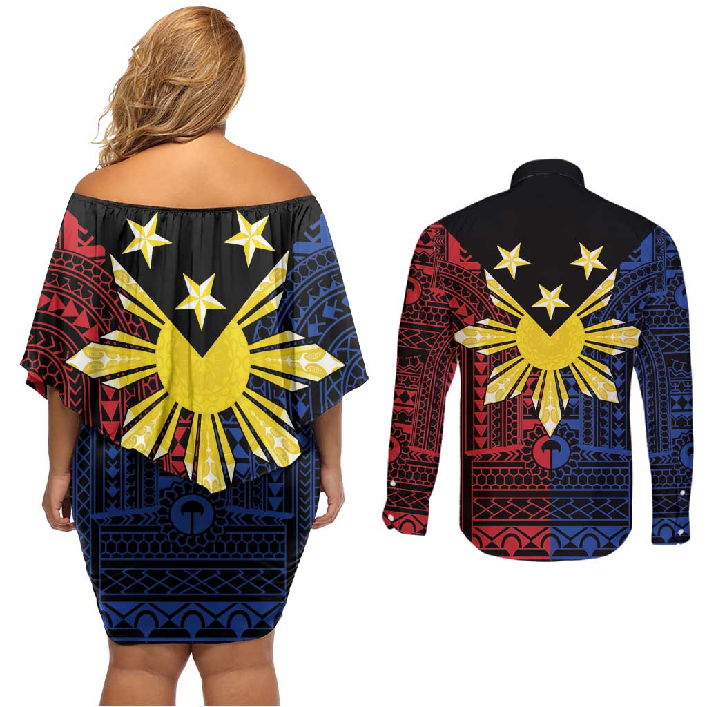 Philippines Sun Star Couples Matching Off Shoulder Short Dress and Long Sleeve Button Shirt Igorot Tribal Inspiration - Polynesian Pride