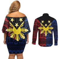 Philippines Sun Star Couples Matching Off Shoulder Short Dress and Long Sleeve Button Shirt Igorot Tribal Inspiration - Polynesian Pride