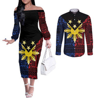 Philippines Sun Star Couples Matching Off The Shoulder Long Sleeve Dress and Long Sleeve Button Shirt Igorot Tribal Inspiration - Polynesian Pride