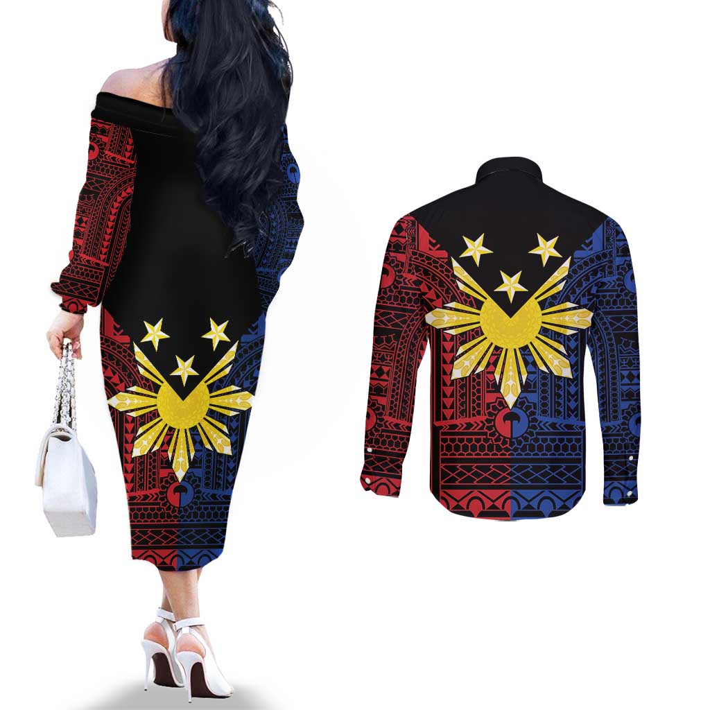 Philippines Sun Star Couples Matching Off The Shoulder Long Sleeve Dress and Long Sleeve Button Shirt Igorot Tribal Inspiration - Polynesian Pride