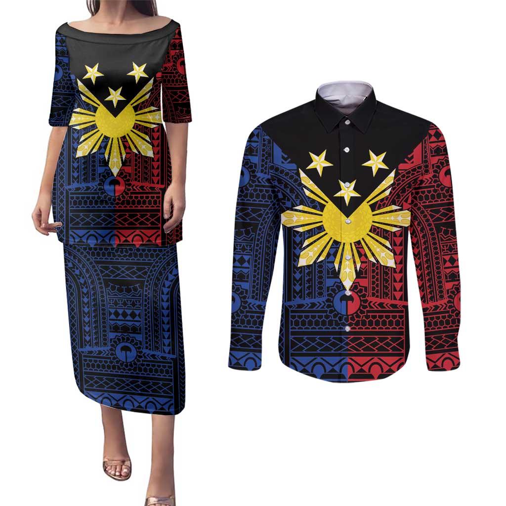 Philippines Sun Star Couples Matching Puletasi and Long Sleeve Button Shirt Igorot Tribal Inspiration - Polynesian Pride