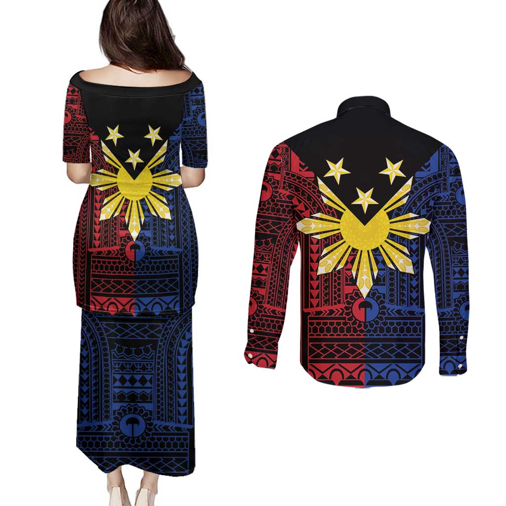 Philippines Sun Star Couples Matching Puletasi and Long Sleeve Button Shirt Igorot Tribal Inspiration - Polynesian Pride