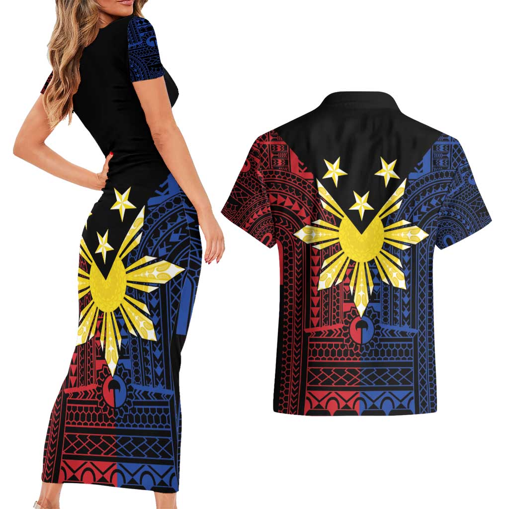 Philippines Sun Star Couples Matching Short Sleeve Bodycon Dress and Hawaiian Shirt Igorot Tribal Inspiration - Polynesian Pride