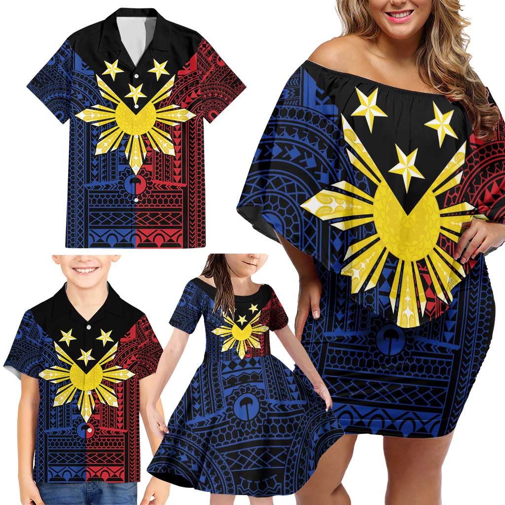 Philippines Sun Star Family Matching Off Shoulder Short Dress and Hawaiian Shirt Igorot Tribal Inspiration - Polynesian Pride