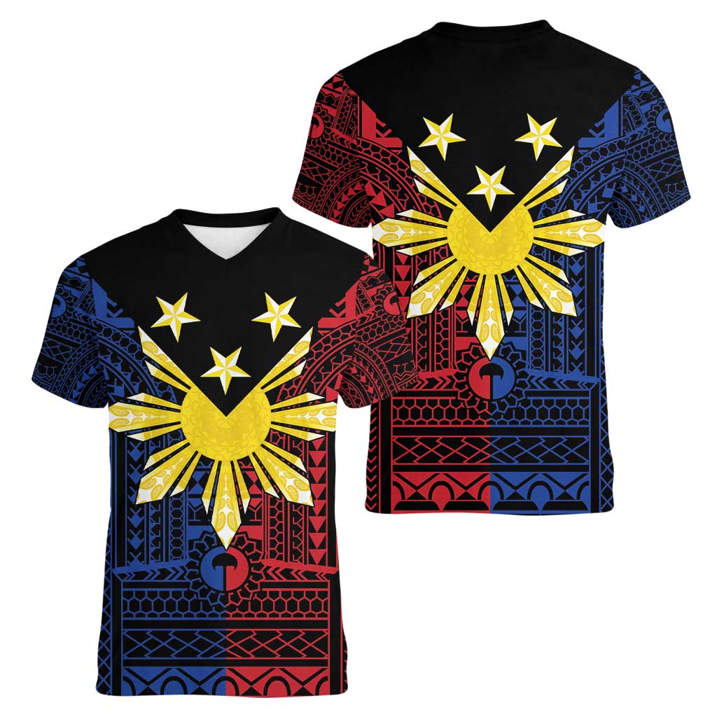 Philippines Sun Star Women V-Neck T-Shirt Igorot Tribal Inspiration - Polynesian Pride