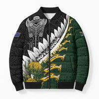 Custom Rugby New Zealand And South Africa Bomber Puffer Jacket Silver Fern With Springboks LT05 Unisex Black - Polynesian Pride