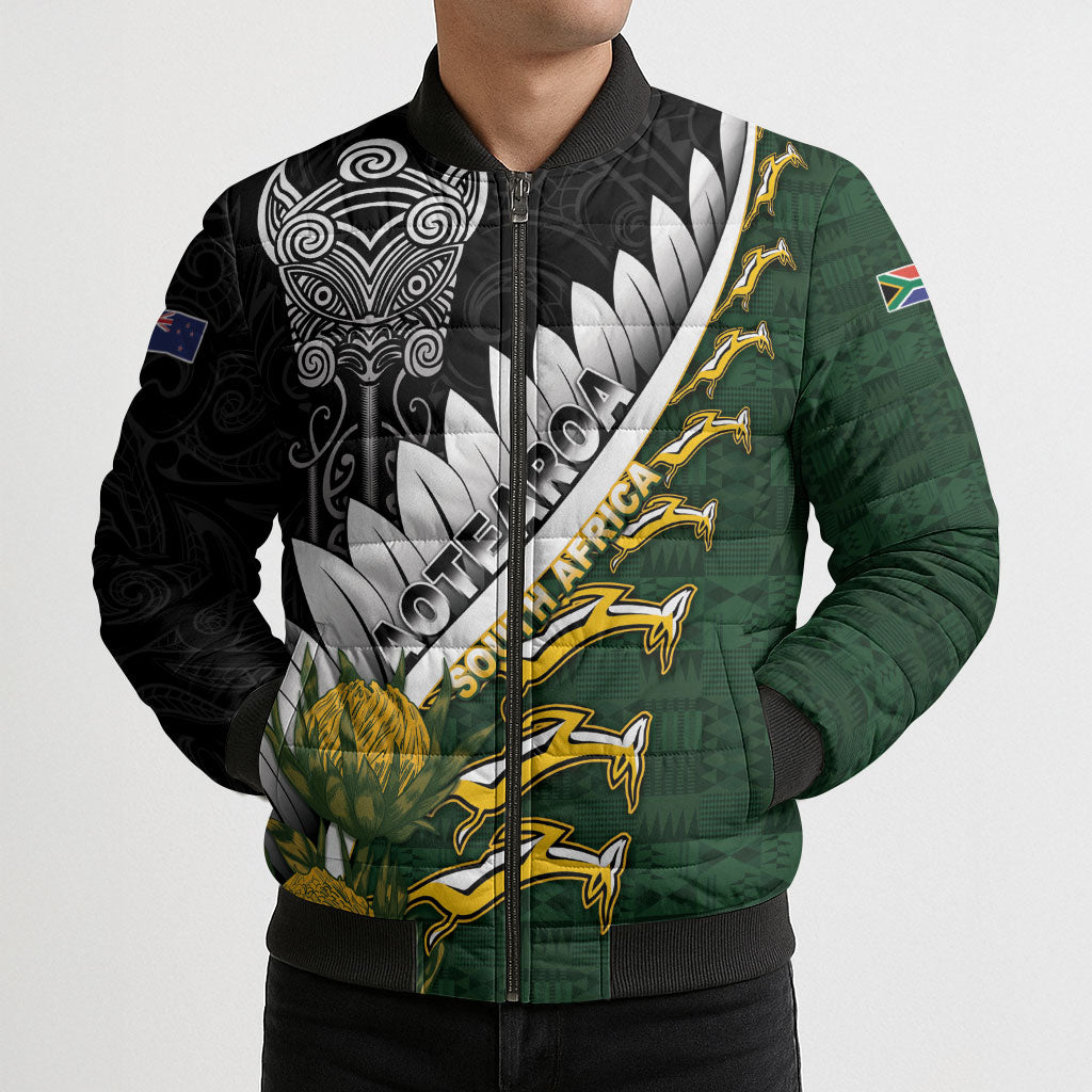 Custom Rugby New Zealand And South Africa Bomber Puffer Jacket Silver Fern With Springboks LT05 - Polynesian Pride