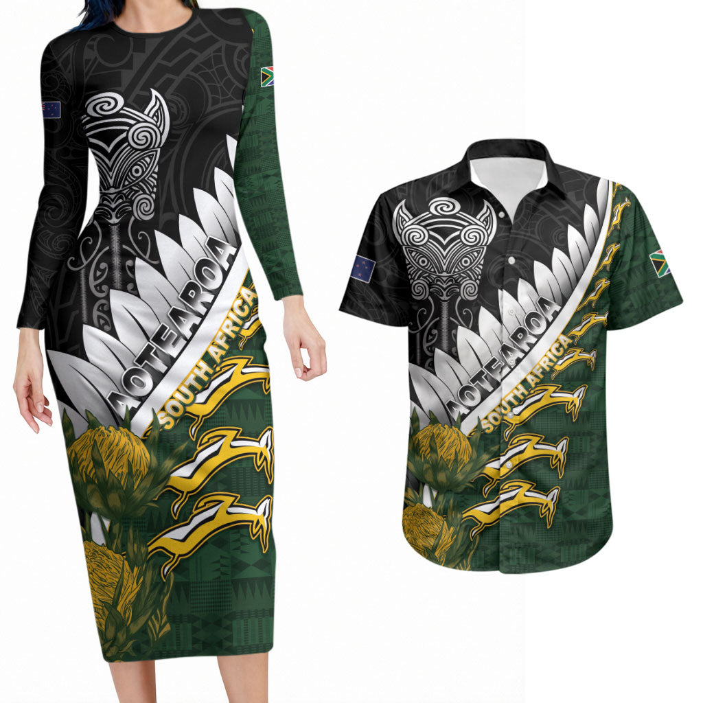 Custom Rugby New Zealand And South Africa Couples Matching Long Sleeve Bodycon Dress and Hawaiian Shirt Silver Fern With Springboks