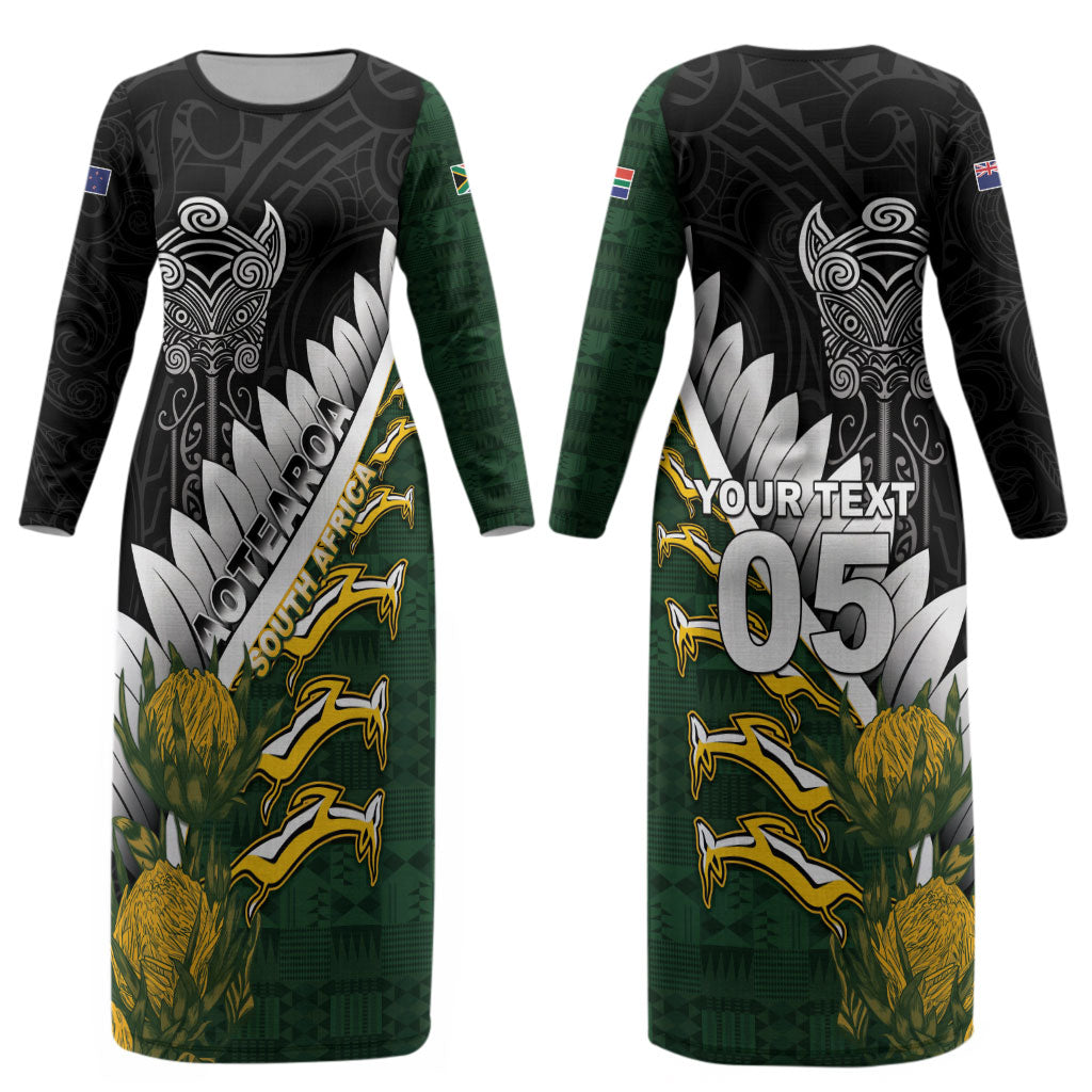 Custom Rugby New Zealand And South Africa Couples Matching Long Sleeve Bodycon Dress and Hawaiian Shirt Silver Fern With Springboks