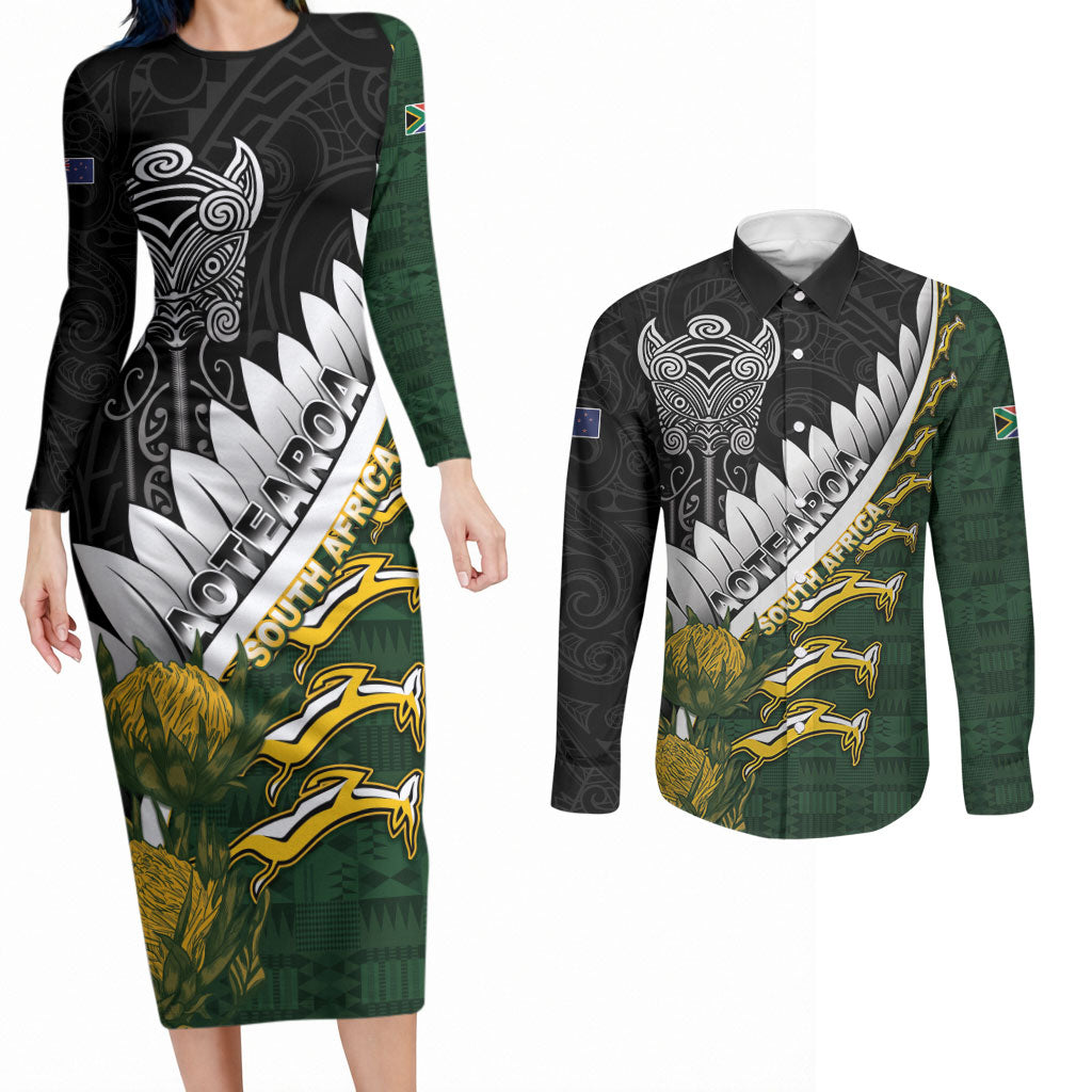 Custom Rugby New Zealand And South Africa Couples Matching Long Sleeve Bodycon Dress and Long Sleeve Button Shirt Silver Fern With Springboks