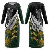 Custom Rugby New Zealand And South Africa Couples Matching Long Sleeve Bodycon Dress and Long Sleeve Button Shirt Silver Fern With Springboks