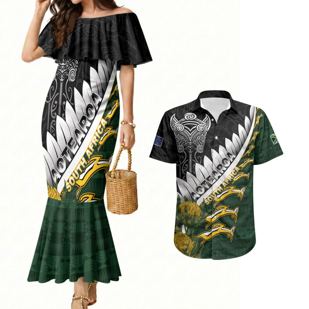 Custom Rugby New Zealand And South Africa Couples Matching Mermaid Dress and Hawaiian Shirt Silver Fern With Springboks