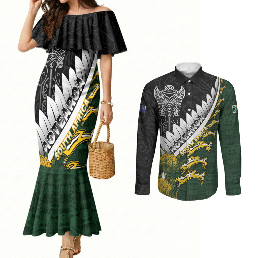 Custom Rugby New Zealand And South Africa Couples Matching Mermaid Dress and Long Sleeve Button Shirt Silver Fern With Springboks