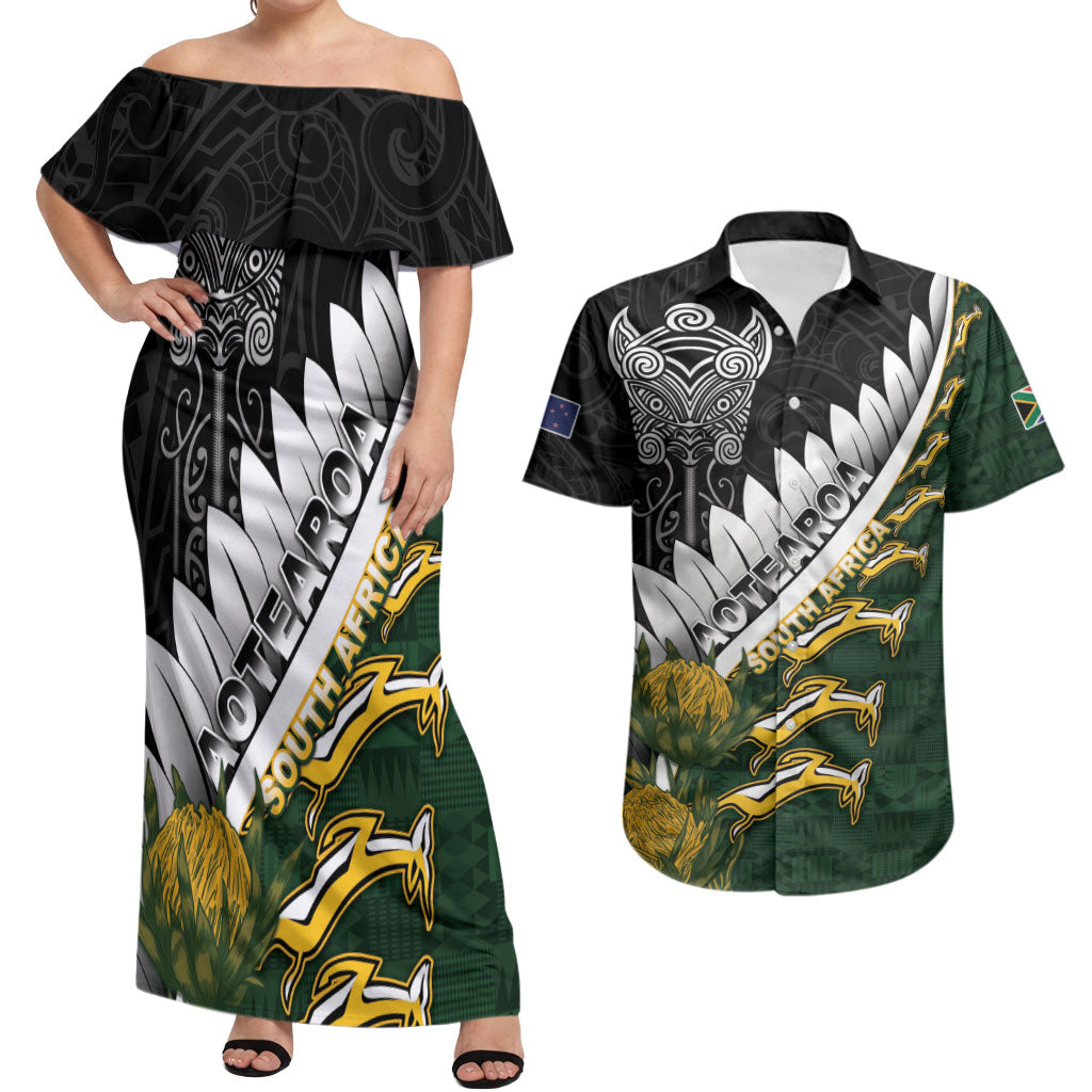 Custom Rugby New Zealand And South Africa Couples Matching Off Shoulder Maxi Dress and Hawaiian Shirt Silver Fern With Springboks