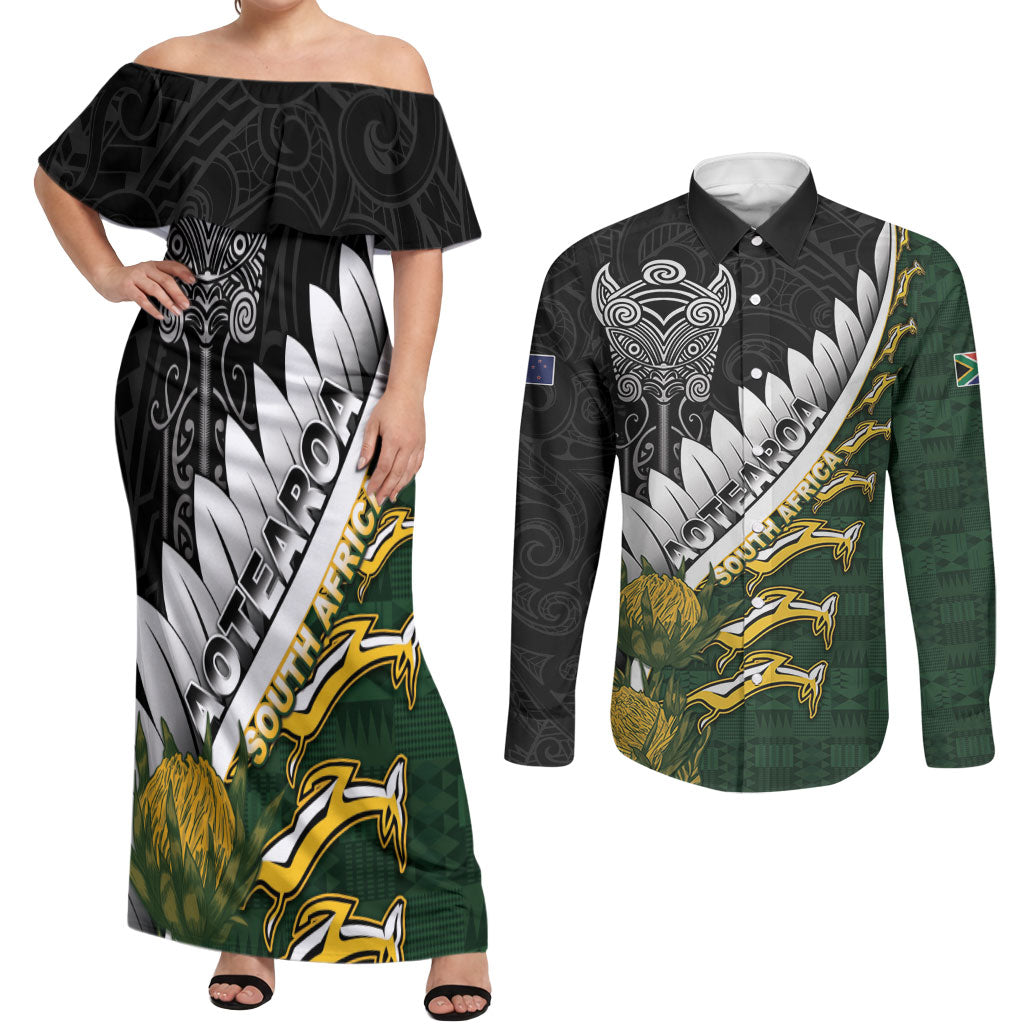 Custom Rugby New Zealand And South Africa Couples Matching Off Shoulder Maxi Dress and Long Sleeve Button Shirt Silver Fern With Springboks