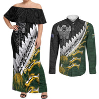 Custom Rugby New Zealand And South Africa Couples Matching Off Shoulder Maxi Dress and Long Sleeve Button Shirt Silver Fern With Springboks