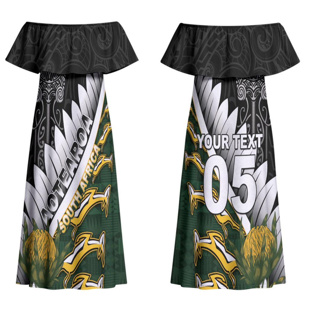 Custom Rugby New Zealand And South Africa Couples Matching Off Shoulder Maxi Dress and Long Sleeve Button Shirt Silver Fern With Springboks