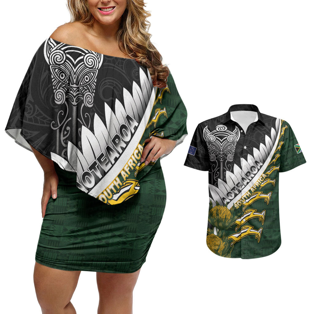 Custom Rugby New Zealand And South Africa Couples Matching Off Shoulder Short Dress and Hawaiian Shirt Silver Fern With Springboks