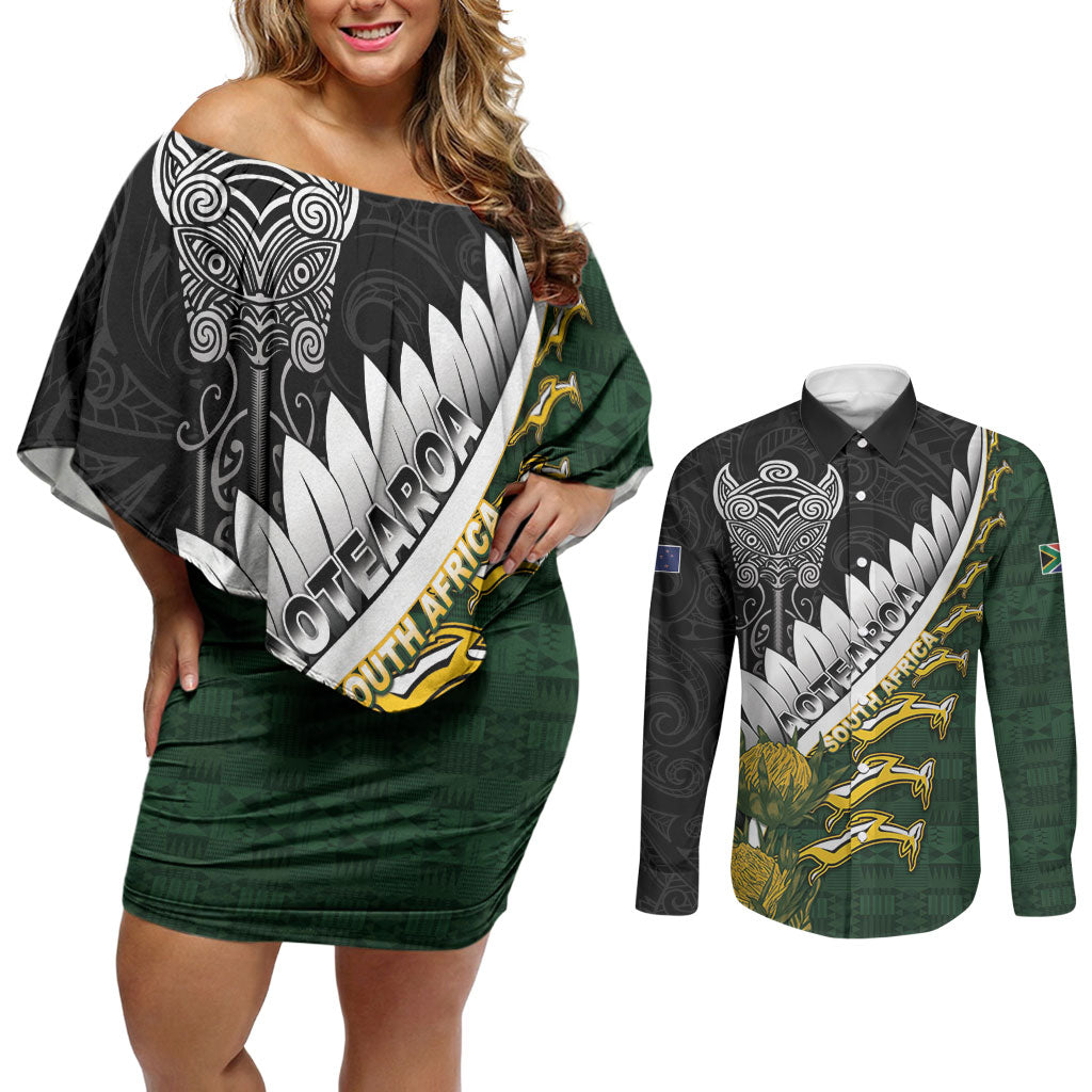 Custom Rugby New Zealand And South Africa Couples Matching Off Shoulder Short Dress and Long Sleeve Button Shirt Silver Fern With Springboks