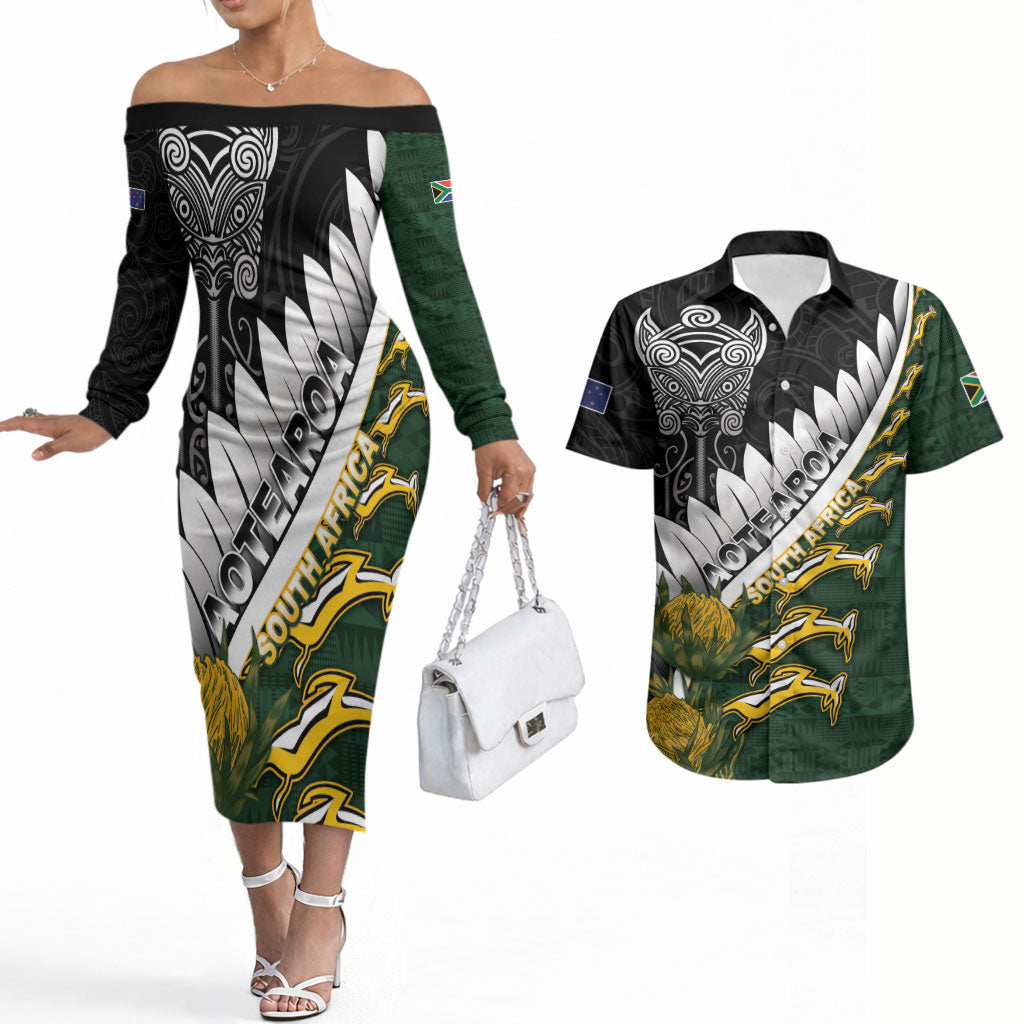 Custom Rugby New Zealand And South Africa Couples Matching Off The Shoulder Long Sleeve Dress and Hawaiian Shirt Silver Fern With Springboks