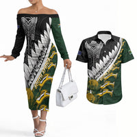 Custom Rugby New Zealand And South Africa Couples Matching Off The Shoulder Long Sleeve Dress and Hawaiian Shirt Silver Fern With Springboks