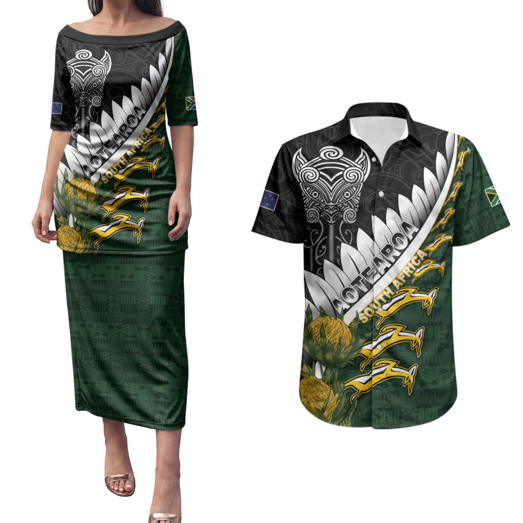 Custom Rugby New Zealand And South Africa Couples Matching Puletasi and Hawaiian Shirt Silver Fern With Springboks