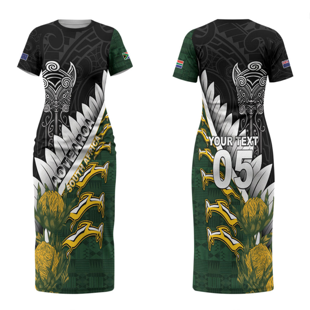 Custom Rugby New Zealand And South Africa Couples Matching Short Sleeve Bodycon Dress and Hawaiian Shirt Silver Fern With Springboks