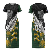Custom Rugby New Zealand And South Africa Couples Matching Short Sleeve Bodycon Dress and Hawaiian Shirt Silver Fern With Springboks