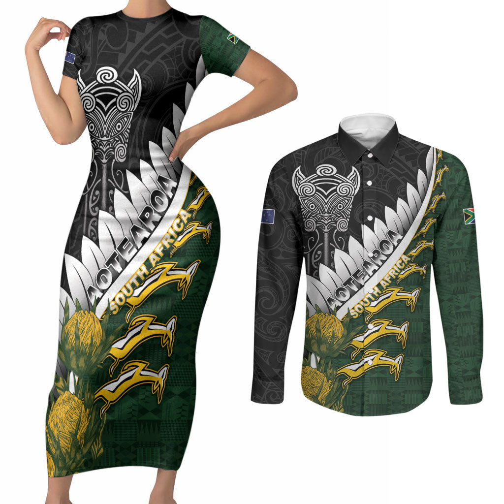 Custom Rugby New Zealand And South Africa Couples Matching Short Sleeve Bodycon Dress and Long Sleeve Button Shirt Silver Fern With Springboks