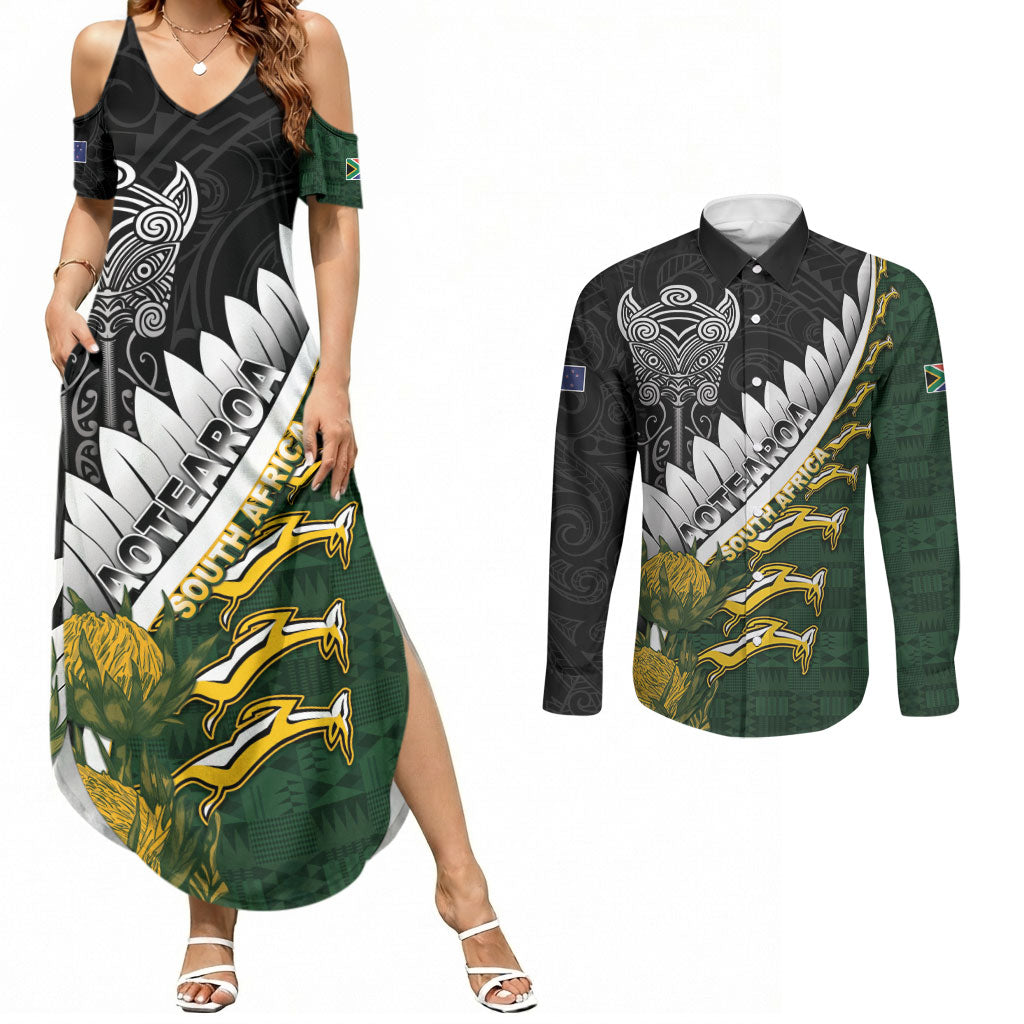 Custom Rugby New Zealand And South Africa Couples Matching Summer Maxi Dress and Long Sleeve Button Shirt Silver Fern With Springboks