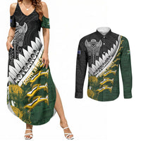 Custom Rugby New Zealand And South Africa Couples Matching Summer Maxi Dress and Long Sleeve Button Shirt Silver Fern With Springboks