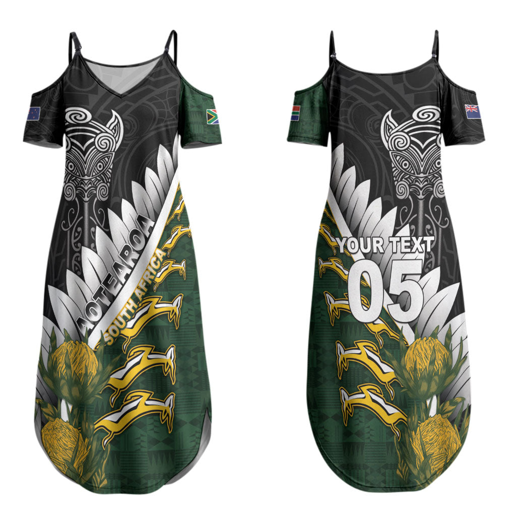 Custom Rugby New Zealand And South Africa Couples Matching Summer Maxi Dress and Long Sleeve Button Shirt Silver Fern With Springboks