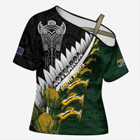 Custom Rugby New Zealand And South Africa Cross Shoulder Shirt Silver Fern With Springboks LT05 Female Black - Polynesian Pride