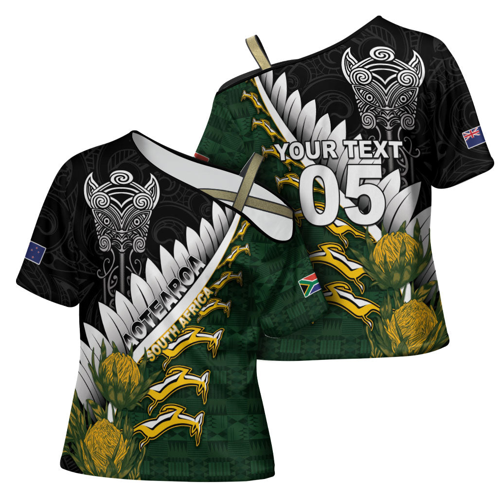 Custom Rugby New Zealand And South Africa Cross Shoulder Shirt Silver Fern With Springboks LT05 - Polynesian Pride