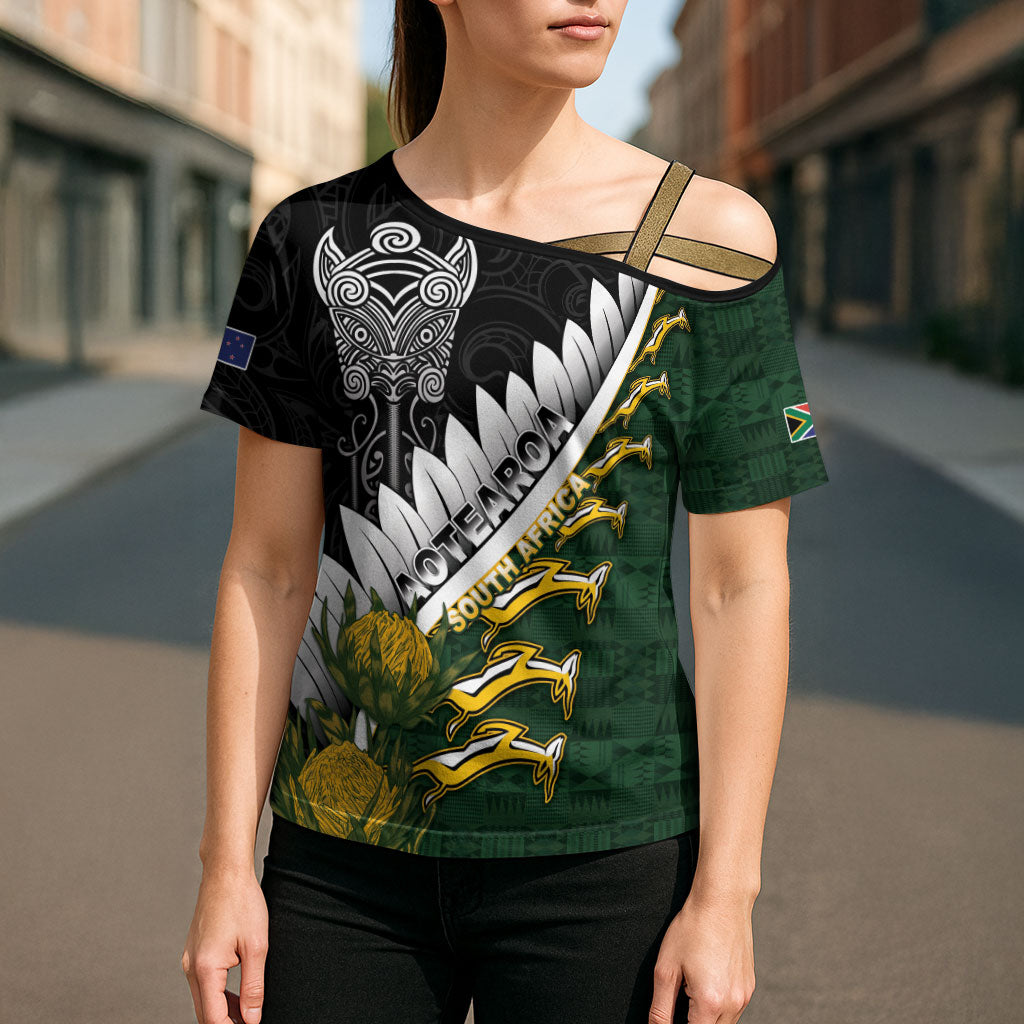 Custom Rugby New Zealand And South Africa Cross Shoulder Shirt Silver Fern With Springboks LT05 - Polynesian Pride