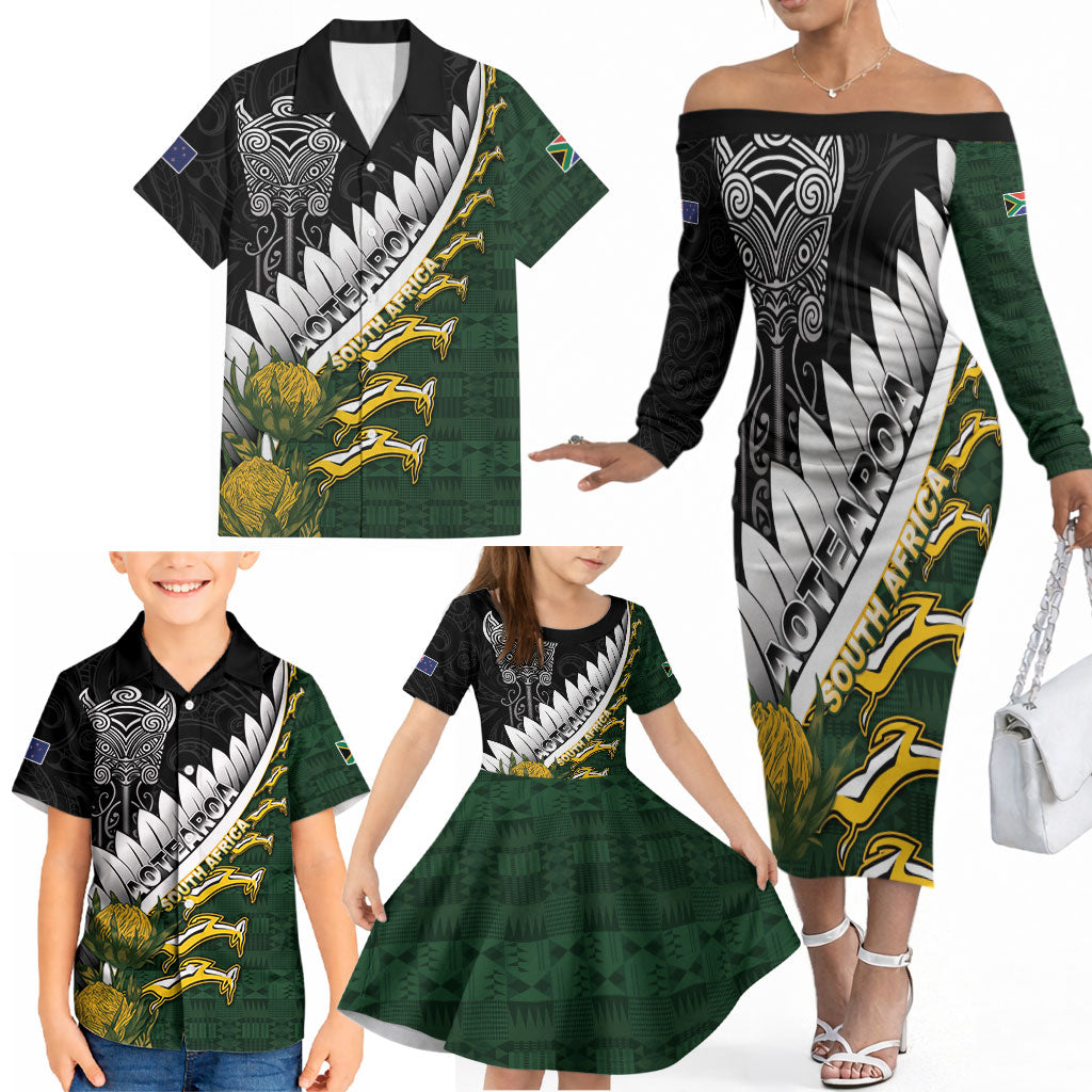 Custom Rugby New Zealand And South Africa Family Matching Off The Shoulder Long Sleeve Dress and Hawaiian Shirt Silver Fern With Springboks