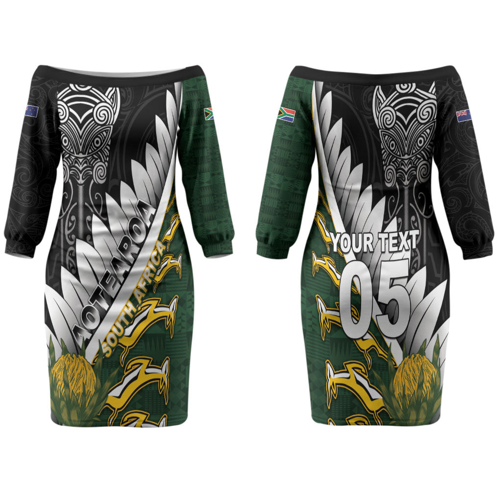 Custom Rugby New Zealand And South Africa Family Matching Off The Shoulder Long Sleeve Dress and Hawaiian Shirt Silver Fern With Springboks