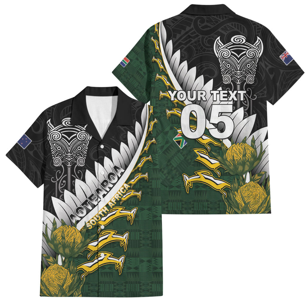 Custom Rugby New Zealand And South Africa Family Matching Off The Shoulder Long Sleeve Dress and Hawaiian Shirt Silver Fern With Springboks